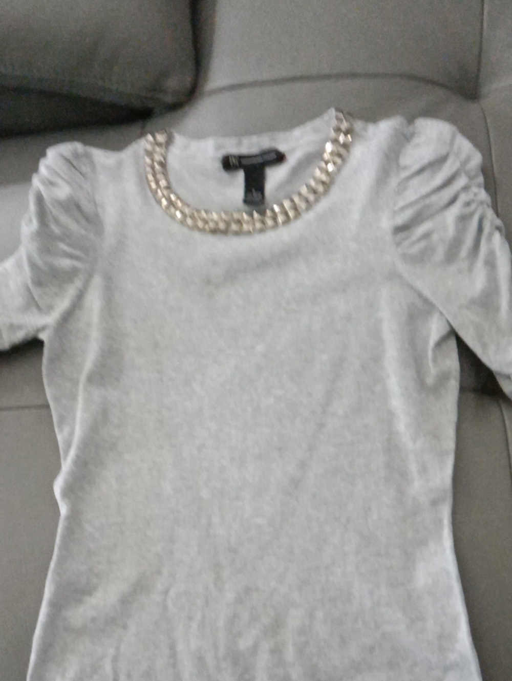 INC International Concepts Gray Jewel-Neck Puff Sleeve Sweater